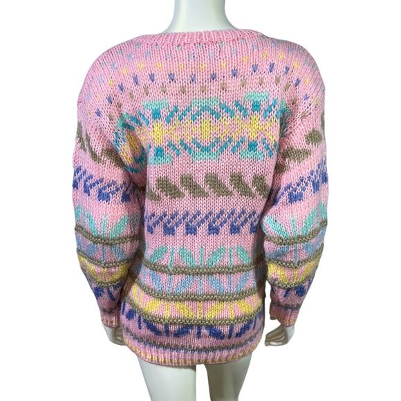 Vintage 1980s Simsbury Pastel Fair Isle Style Sweater Pink Multi Striped - Small - Picture 4 of 8
